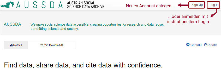 Auf der Startseite des AUSSDA Dataverse kann man unter anderem ein neues Benutzungskonto anlegen oder sich mit einem institutionellen Login anmelden.