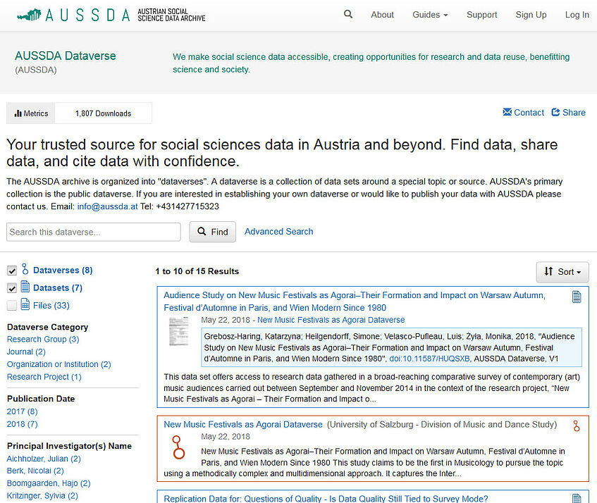 Auf der Startseite des AUSSDA Dataverse sieht man neue Dataverses und neue Datensätze, zudem kann man das Dataverse durchsuchen und AUSSDA kontaktieren.