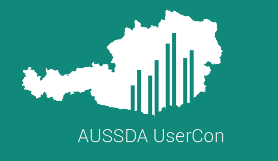 The graphic shows the AUSSDA logo, consisting of the Austria map with indented data bars, in white on a mint green background. Below it, "AUSSDA UserCon" is written in white letters.