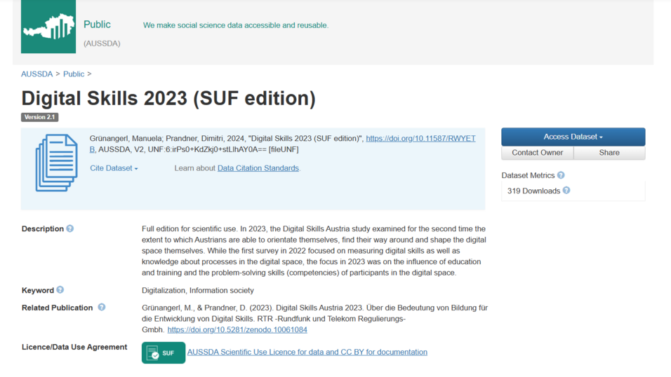 Screenshot of the Digital Skills Austria IV data set in the AUSSDA dataverse