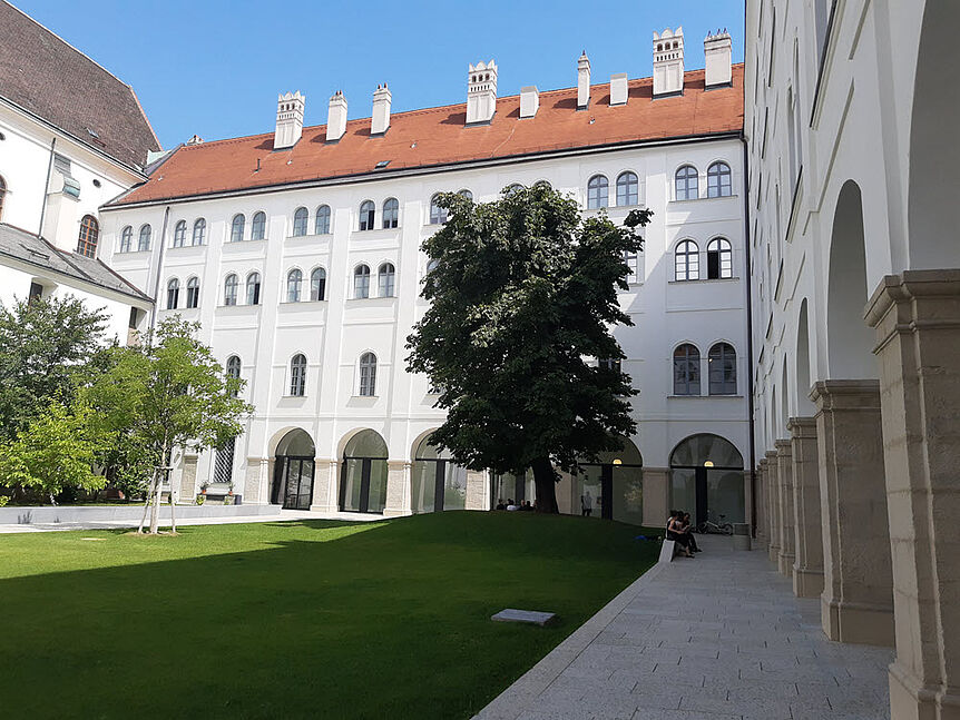 Auf dem Foto ist der schattige Innenhof der ÖAW in Wien zu sehen. Ein Baum steht auf dem Rasen vor einem großen, hellen Gebäude.